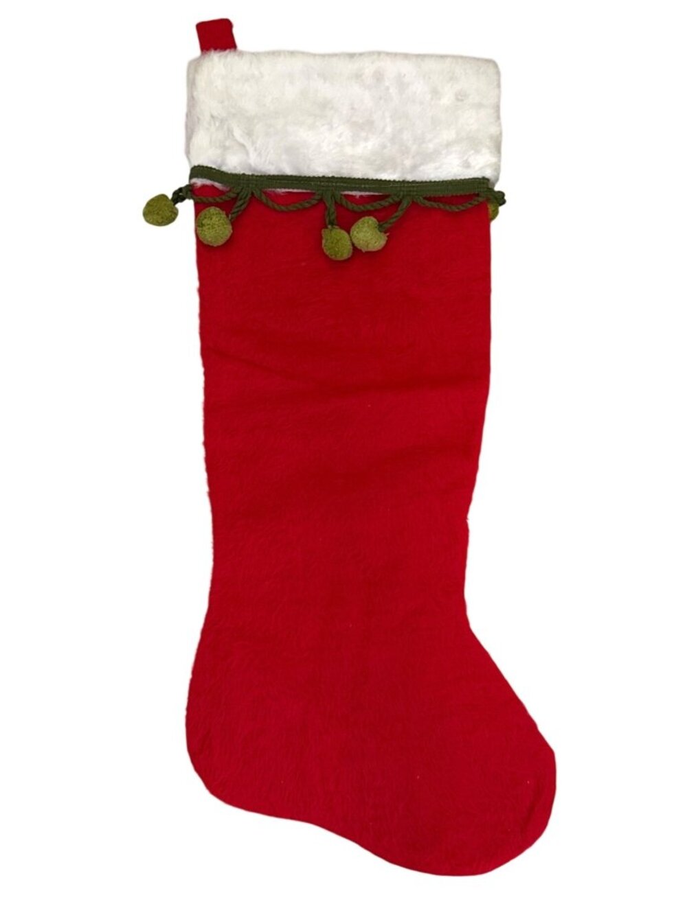 Vintage 1980s Red Felt Christmas Stocking With White Plush Cuff & Green Pom-Pom